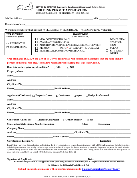First page of the Building Permit Application