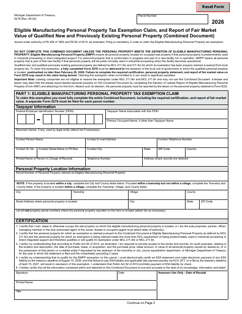 First page of the Eligible Manufacturing Personal Property Tax Exemption Claim and Fair Market Value Report