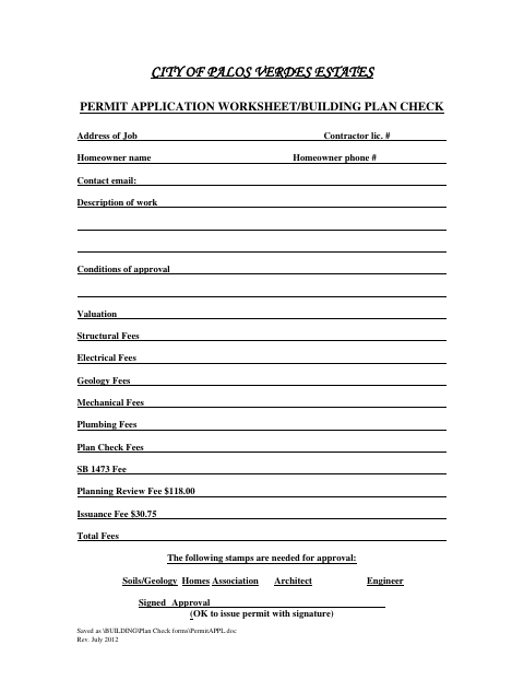 First page of the Permit Application Worksheet/Building Plan Check