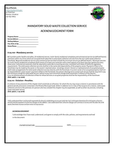 First page of the Mandatory Solid Waste Collection Service Acknowledgment Form