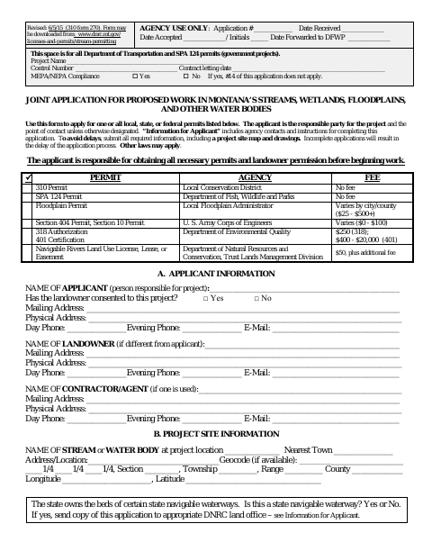 First page of the Joint Application for Proposed Work in Montana’s Streams, Wetlands, Floodplains, and Other Water Bodies