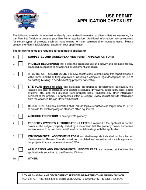 First page of the Use Permit Application Checklist