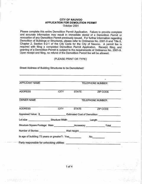 First page of the Demolition Permit Application