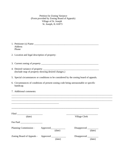 First page of the Petition for Zoning Variance