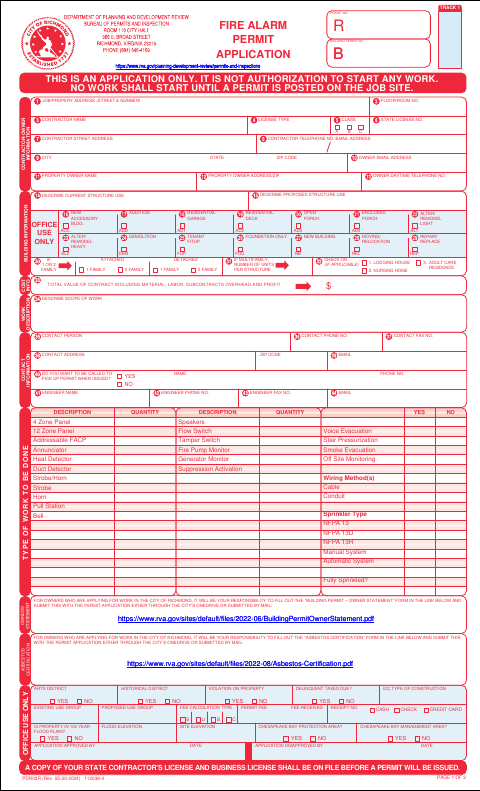 First page of the Fire Alarm Permit Application