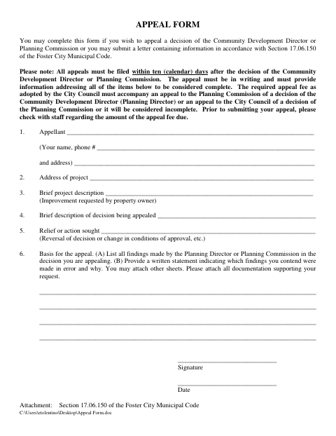 First page of the Appeal Form