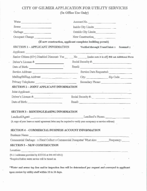 First page of the Application for Utility Services
