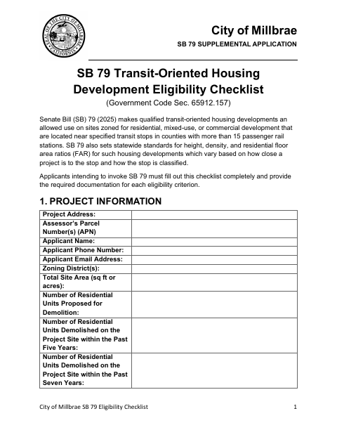 First page of the SB 79 Supplemental Application
