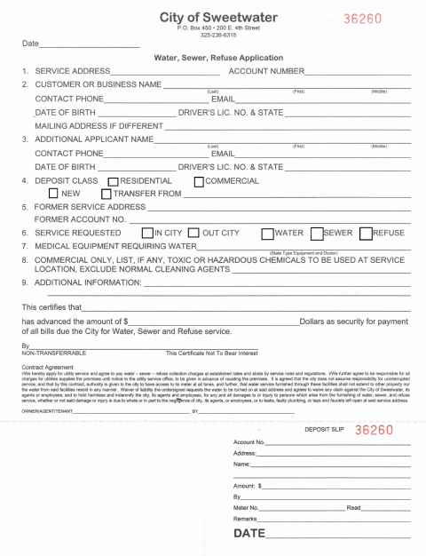 First page of the Water, Sewer, and Refuse Service Application
