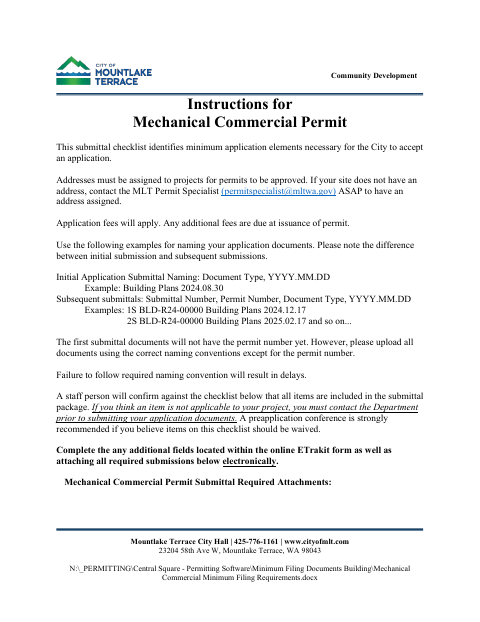 First page of the Mechanical Commercial Permit Submittal Checklist