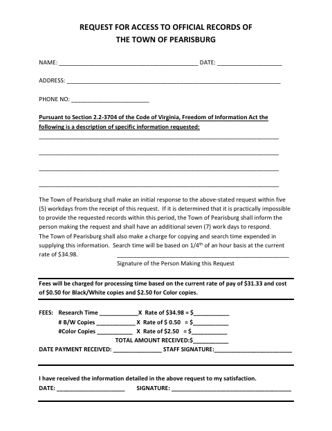 First page of the Request for Access to Official Records
