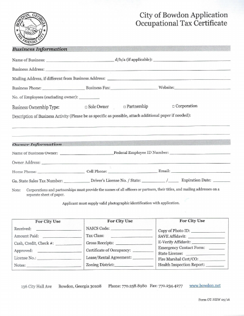 First page of the Occupational Tax Certificate Application Package