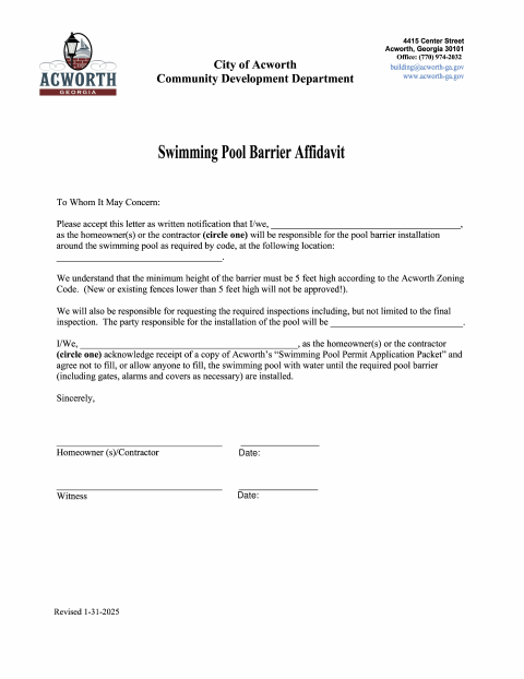 First page of the Swimming Pool Barrier Affidavit