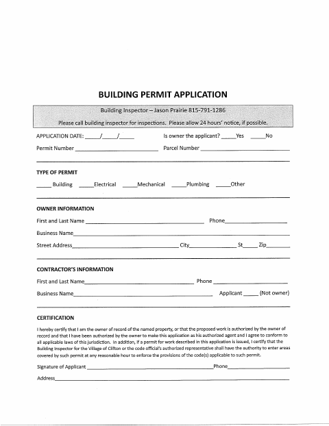 First page of the Building Permit Application With Fee Sheet