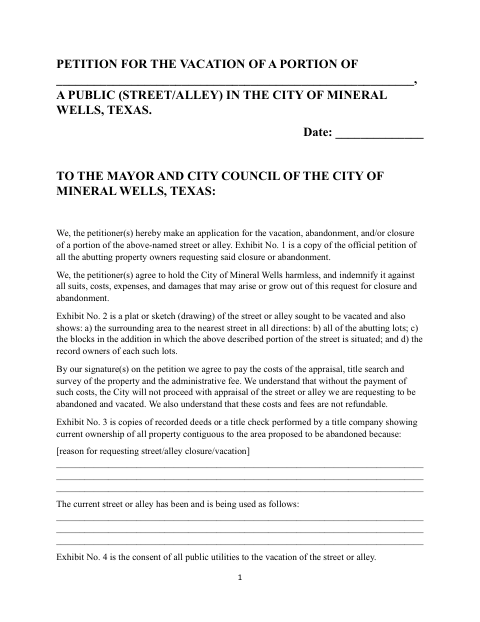 First page of the Petition to Vacate, Abandon, or Close a Street or Alley