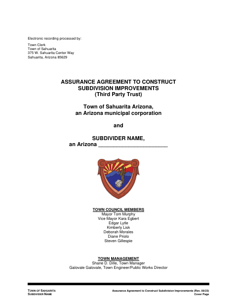 First page of the Third-Party Trust Subdivision Improvement Assurance Agreement