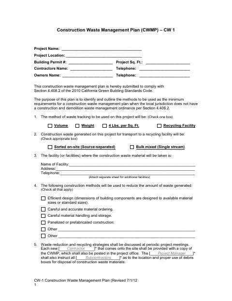 First page of the Construction Waste Management Plan