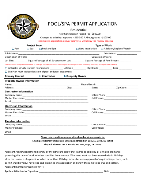 First page of the Pool/Spa Permit Application