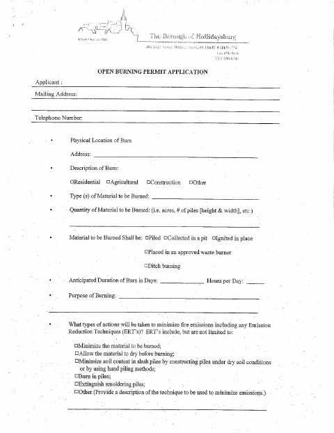 First page of the Open Burning Permit Application
