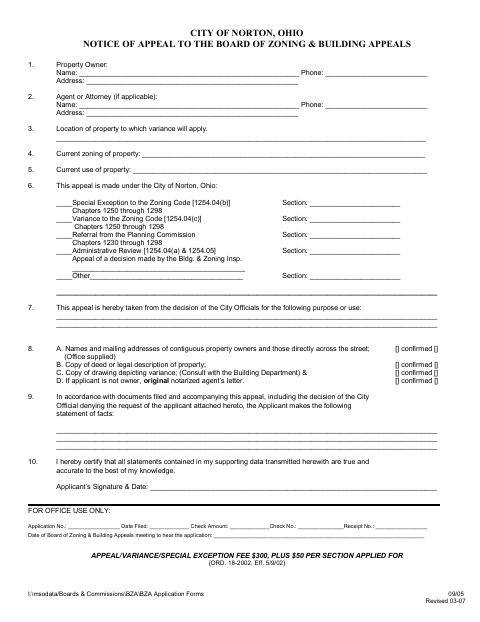 First page of the Notice of Appeal to the Board of Zoning & Building Appeals