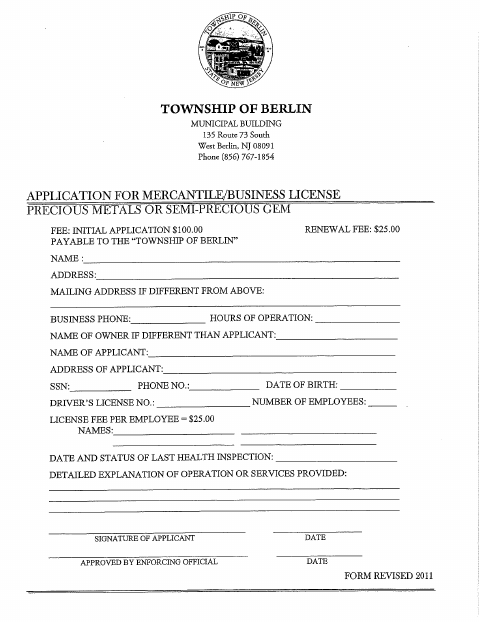 First page of the Precious Metals or Semi-Precious Gem Business License Application