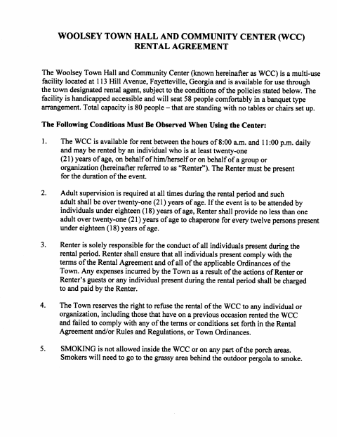 First page of the Woolsey Community Center Rental Agreement and Reservation Application