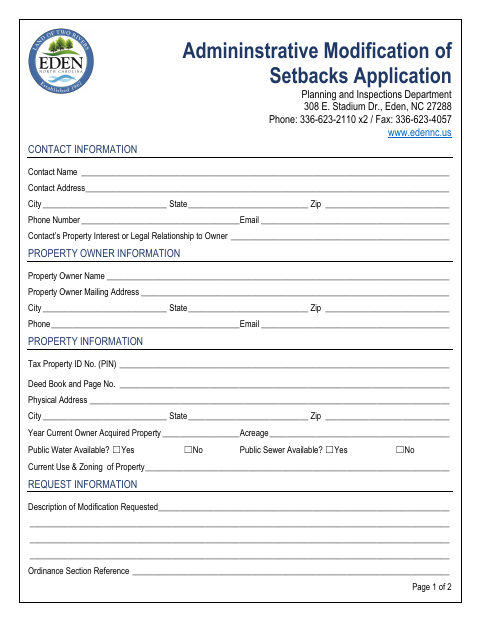 First page of the Administrative Modification of Setbacks Application