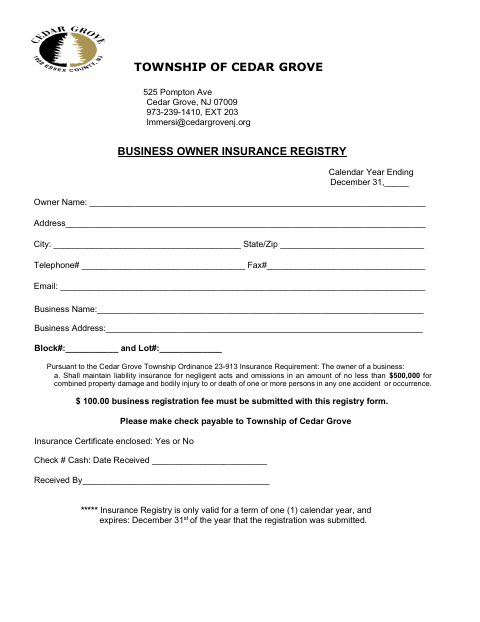 First page of the Business Owner Insurance Registry