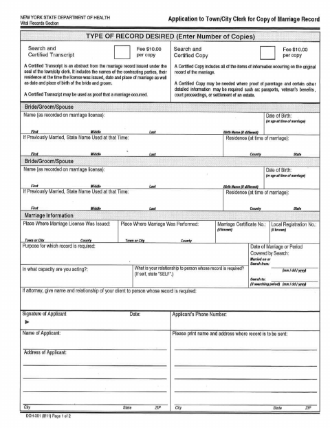 First page of the Application for Copy of Marriage Record