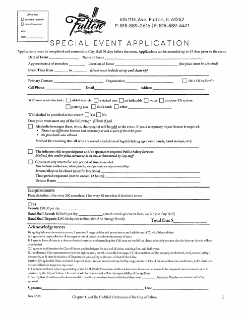 First page of the Special Event Application