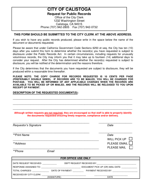 First page of the Request for Public Records