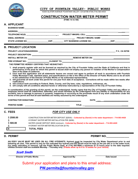 First page of the Construction Water Meter Permit