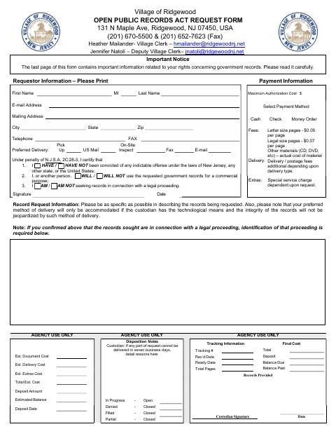 First page of the Open Public Records Act Request Form