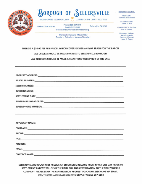 First page of the Sewer Certification Request