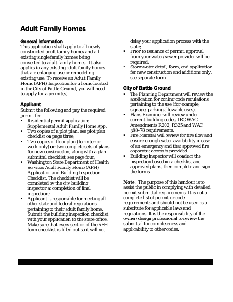 First page of the Adult Family Home Supplemental Application
