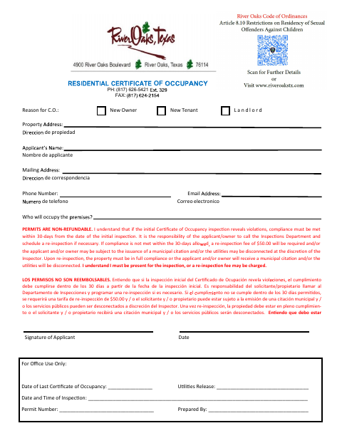 First page of the Residential Certificate of Occupancy Application