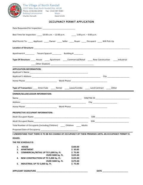 First page of the Occupancy Permit Application