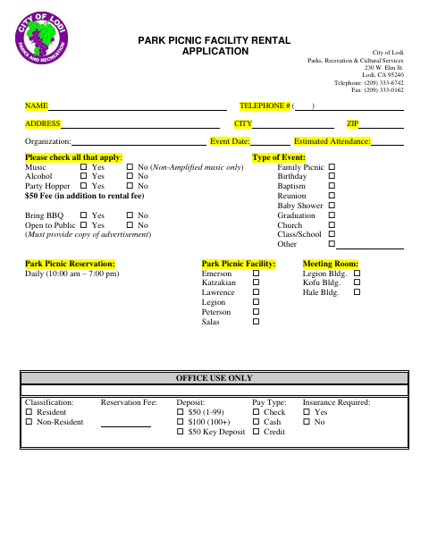 First page of the Park Picnic Facility Rental Application