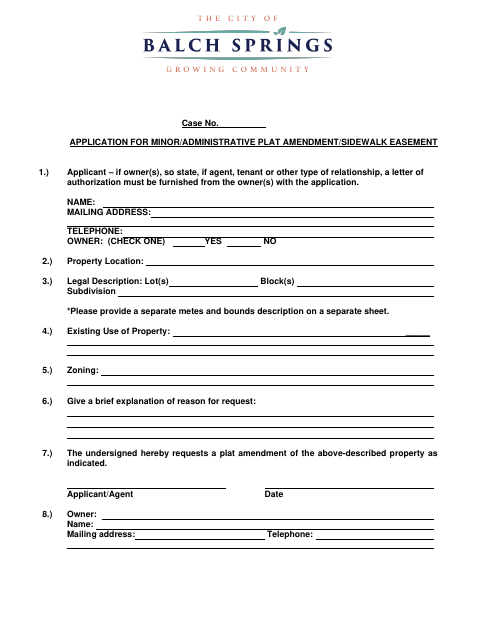 First page of the Minor/Administrative Plat Amendment/Sidewalk Easement Application
