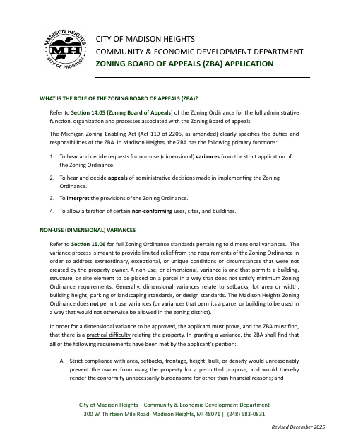 First page of the Zoning Board of Appeals Application
