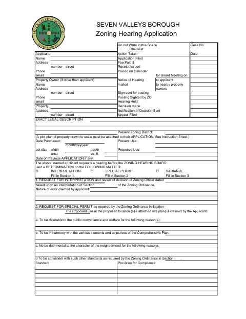 First page of the Zoning Hearing Application