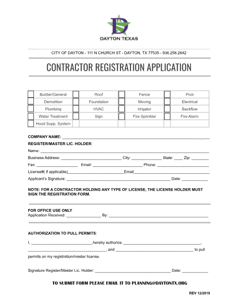 First page of the Contractor Registration Application