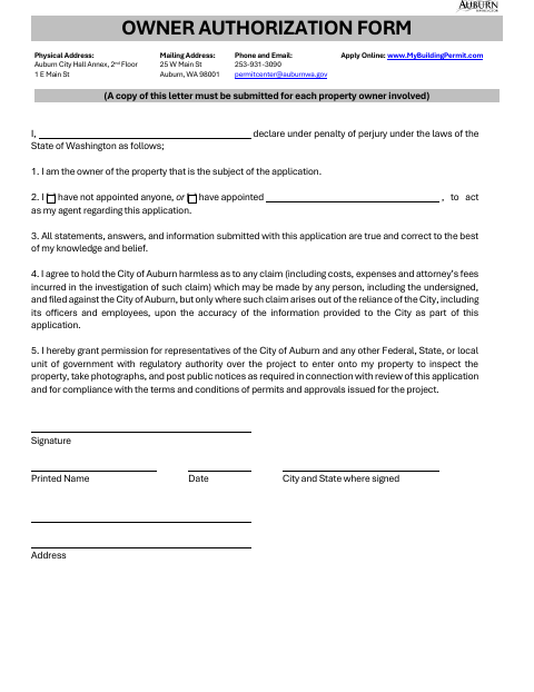 First page of the Owner Authorization Form
