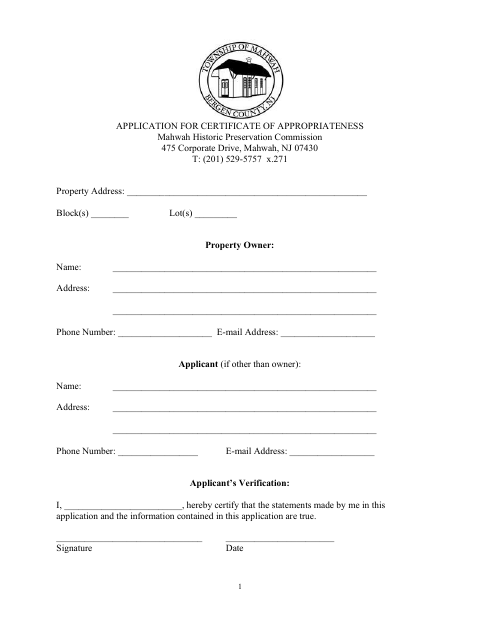 First page of the Certificate of Appropriateness Application