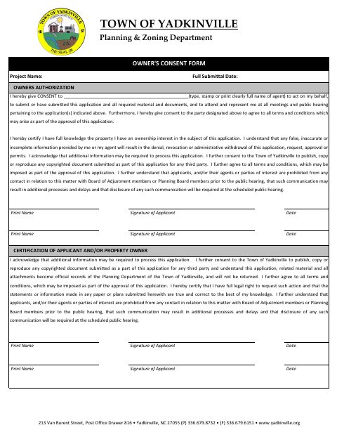 First page of the Owners Consent Form
