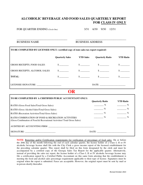 First page of the Alcoholic Beverage and Food Sales Quarterly Report for Class IV Only