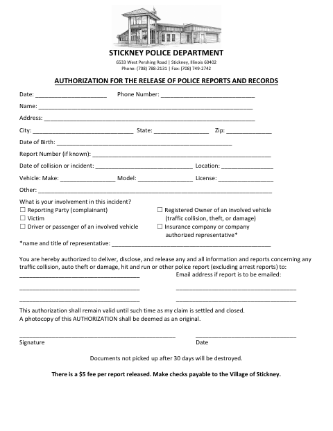 First page of the Authorization for the Release of Police Reports and Records