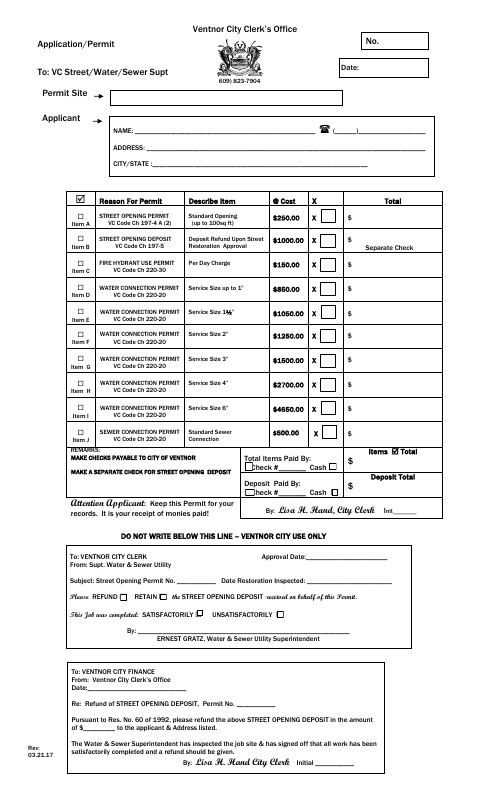 First page of the Street Opening, Water, and Sewer Permit Application
