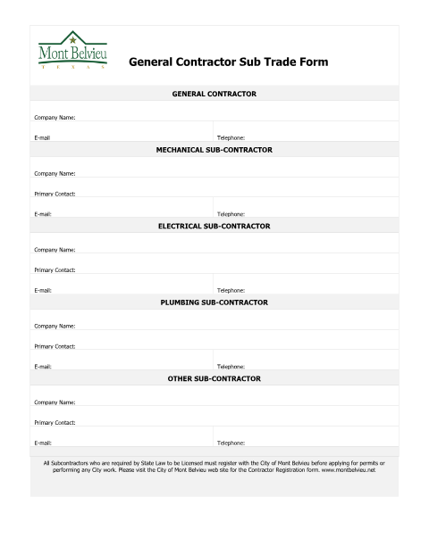 First page of the General Contractor Sub Trade Form