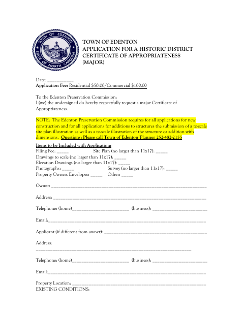 First page of the Application for a Historic District Certificate of Appropriateness (Major)